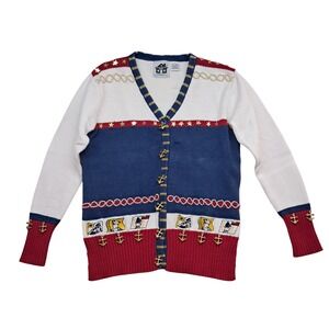 Storybook Knits Sweater Cardigan Womens Small Ships Ahoy Sailor Nautical Novelty